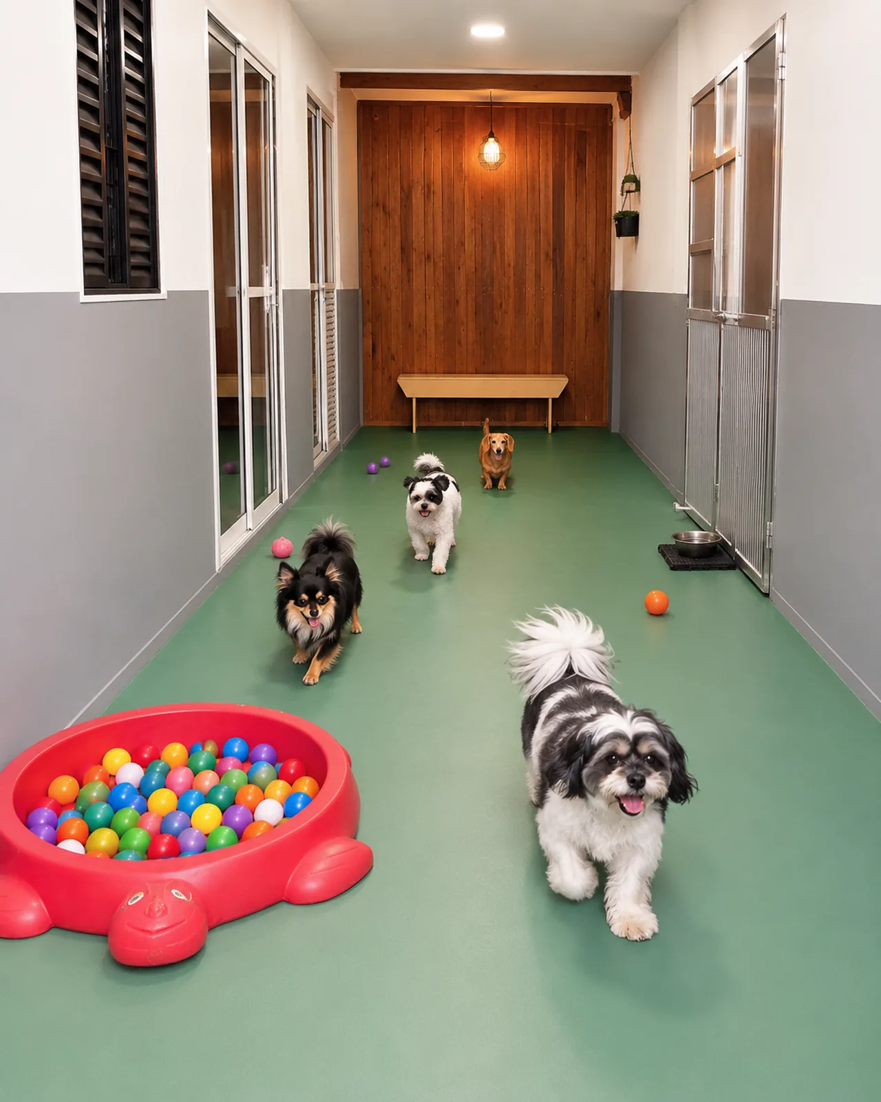 Cães brincando em uma área coberta da Casa Patas